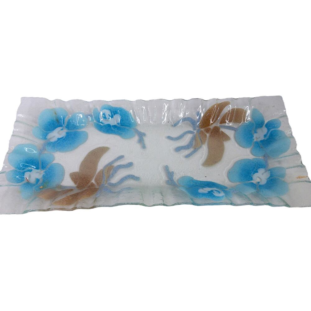 Vtg SYD Sydenstricker Blue Brown Floral Rectangular Ruffled Fused Glass Tray